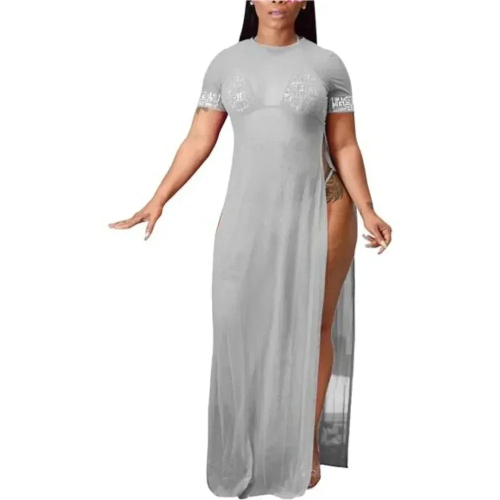 Women Sleeveless Sheer Mesh Bodycon Maxi Dress Bodysuit Party Clubwear
